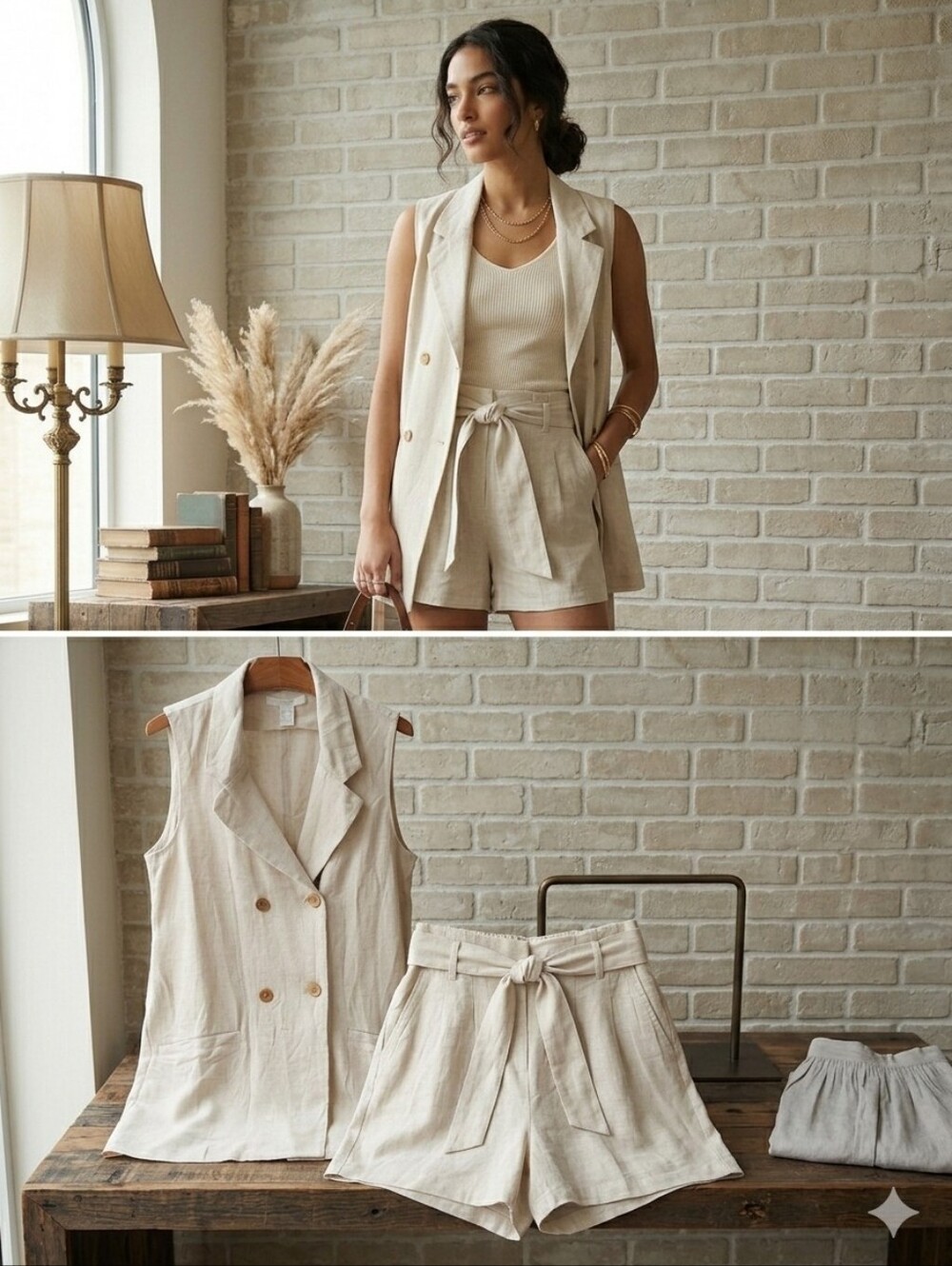 Revamped Neutral Linen Blend Co-Ord Set Longline Vest & Shorts L/M